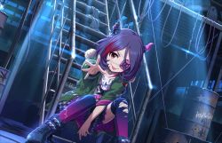 Rule 34 | 1girl, belt, boots, brown eyes, building, cable, chain, choker, drum (container), eyepatch, frills, green jacket, hair between eyes, hayasaka mirei, horns, idolmaster, idolmaster cinderella girls, jacket, looking at viewer, moonlight, multicolored hair, night, official art, over-kneehighs, plaid, plaid skirt, purple hair, red hair, shirt, skirt, skull, sparkle, stairs, t-shirt, thighhighs, tongue, tongue out, torn clothes, torn legwear, two-tone hair