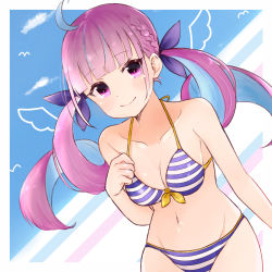 Rule 34 | 1girl, ahoge, bikini, blue hair, blue sky, blunt bangs, blush, braid, breasts, cleavage, closed mouth, collarbone, colored inner hair, commentary, cowboy shot, day, groin, hair ribbon, highres, hololive, long hair, looking at viewer, medium breasts, minato aqua, minato aqua (hololive summer 2019), multicolored hair, navel, purple eyes, purple hair, ribbon, shimaji noma, sky, smile, solo, striped bikini, striped clothes, swimsuit, twintails, two-tone hair, virtual youtuber