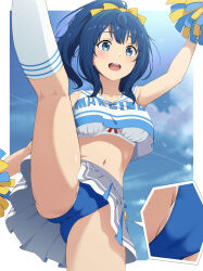 1girl :d alternate_hairstyle ass blue_eyes blue_panties bow bra breasts cameltoe cheerleader commentary_request cowboy_shot cropped_shirt female_pubic_hair hair_bow high_ponytail highres inset kneepits large_breasts make_heroine_ga_oo_sugiru! nanikairu navel open_mouth paid_reward_available panties pleated_skirt pom_pom_(cheerleading) pubic_hair pubic_hair_peek skirt smile socks solo standing standing_on_one_leg thighs underwear upshirt white_bra white_skirt white_socks yanami_anna yellow_bow