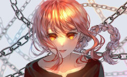 Rule 34 | 1girl, black shirt, blurry, blurry background, chain, chainsaw man, collarbone, hair over shoulder, highres, light, looking at viewer, lower teeth only, makima (chainsaw man), open mouth, orange eyes, pinapo 25, red hair, ringed eyes, shirt, sidelocks, smile, solo, straight-on, teeth, upper body, white background