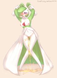Rule 34 | 1girl, absurdres, armpits, artist name, beige background, blush, breasts, clitoris, collarbone, creatures (company), disembodied limb, eifie, female focus, full body, game freak, gardevoir, gen 3 pokemon, green hair, half-closed eyes, hands up, have to pee, highres, knees together feet apart, looking down, medium breasts, navel, nintendo, nipples, nude, open mouth, peeing, peeing self, pokemon, pokemon (creature), pokemon rse, puddle, pussy, red eyes, restrained, short hair, simple background, solo, standing, sweat, tears, text focus, thigh gap, trembling, uncensored, watermark, wavy mouth, web address