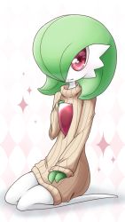 Rule 34 | 1girl, blush, brown sweater, clothed pokemon, colored skin, creatures (company), diamond (shape), full body, game freak, gardevoir, gen 3 pokemon, green hair, green skin, hair over one eye, hand on own chest, kneeling, long sleeves, looking at viewer, muguet, multicolored skin, nintendo, pokemon, pokemon (creature), red eyes, short hair, simple background, sitting, smile, solo, sweater, two-tone skin, white background, white skin