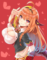 Rule 34 | 1girl, ahoge, black jacket, blonde hair, braid, breasts, bright pupils, cleavage, cleavage cutout, clothing cutout, dragon girl, dragon horns, dragon tail, fang, hand on own hip, heart, hololive, horns, jacket, kiryu coco, kiryu coco (1st costume), large breasts, long hair, miniskirt, multicolored hair, murata taichi, orange hair, red background, red brooch, red skirt, skirt, solo, streaked hair, tail, virtual youtuber, white pupils