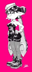 Rule 34 | + +, 1girl, bare shoulders, black footwear, breasts, callie (splatoon), cleavage, detached collar, earrings, food, food on head, greyscale, greyscale with colored background, hands on own hips, inkling, jewelry, long hair, mask, medium breasts, mole, mole under eye, monochrome, nintendo, object on head, pantyhose, pink background, pointy ears, shoes, short jumpsuit, signature, solo, splatoon (series), tentacle hair, twintails, very long hair, yuta agc