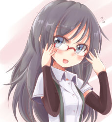 Rule 34 | 10s, 1girl, arm warmers, asashio (kancolle), bespectacled, black hair, blue eyes, glasses, gradient background, ishimori sakana, kantai collection, long hair, looking at viewer, open mouth, red-framed eyewear, school uniform, smile, solo, suspenders