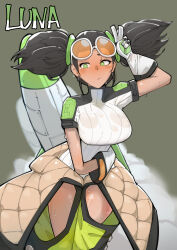 Rule 34 | 1girl, absurdres, arm around waist, arm up, azz0422, black hair, blush, commentary, english commentary, english text, eyewear on head, green eyes, highres, jacket, looking to the side, luna (omega strikers), omega strikers, open clothes, open jacket, oversized gloves, rocket, short sleeves, solo, steam, sunglasses, sweat, sweaty clothes, thigh gap, thighs, tinted eyewear, twintails, white-framed eyewear