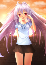 Rule 34 | 10s, 1girl, bad id, bad pixiv id, black skirt, crying, crying with eyes open, isla (plastic memories), long hair, looking at viewer, open mouth, outdoors, plastic memories, red eyes, silver hair, skirt, solo, tears, toshi (1-147)
