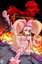 Rule 34 | 2girls, absurdres, bare shoulders, big hair, boots, bow, breasts, dress, drill hair, evil grin, evil smile, eyepatch, fingerless gloves, full body, glint, gloves, grin, hair bow, harime nui, highres, kill la kill, matoi ryuuko, medium breasts, multiple girls, no panties, panties, panties around leg, pink bow, pink dress, pink footwear, pussy, scissor blade (kill la kill), signature, sitting, smile, strapless, strapless dress, twin drills, twintails, uncensored, underwear, upper body, yoselinfrankcat