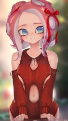Rule 34 | 1girl, artist name, bad id, bad twitter id, bare shoulders, blue eyes, blurry, blurry background, bow, breasts, breasts squeezed together, cleavage, clothing cutout, collarbone, cowboy shot, depth of field, detached sleeves, dress, dress tug, forehead, hair ribbon, hairband, head tilt, highres, kashu (hizake), long sleeves, looking at viewer, medium breasts, medium hair, monster girl, navel, navel cutout, nintendo, octoling, octoling girl, octoling player character, parted lips, pink hair, red bow, red dress, red hairband, red ribbon, ribbon, short dress, sleeveless, sleeveless dress, smile, solo, splatoon (series), splatoon 2, splatoon 2: octo expansion, standing, suction cups, tentacle hair, underboob