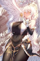 Rule 34 | 1girl, absurdres, angel wings, black bodysuit, blush, bodystocking, bodysuit, braid, breast curtains, breasts, ceiling, closed mouth, covered navel, cowboy shot, cross, from behind, from below, hair between eyes, halo, highres, holding, holding cross, indoors, large breasts, long hair, mendou kusai, mole, mole under eye, original, pelvic curtain, smile, solo, standing, symbol-shaped pupils, very long hair, white hair, wings