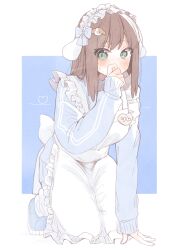 Rule 34 | 1girl, apron, arm support, artist name, blue jacket, blush, brown hair, covered mouth, frilled apron, frilled hairband, frills, green eyes, hairband, heart, highres, idolmaster, idolmaster cinderella girls, jacket, jersey maid, kneeling, long sleeves, looking at viewer, maid, name tag, nervous sweating, shibuya rin, simple background, solo, suzugaeru, sweat, track jacket, two-tone background, unconventional maid, white apron