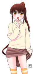 Rule 34 | 1girl, bandaid, bandaid on face, blush, brown hair, chocolate, commentary request, ditama bow, highres, kissxsis, long hair, looking at viewer, open mouth, ponytail, pussy juice, simple background, skirt, solo, suminoe riko, sweater, thighs, tongue, tongue out, white background, yellow eyes