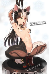 Rule 34 | 1girl, arm behind head, armpits, bare shoulders, black hair, breasts, covered erect nipples, female focus, full body, green eyes, heart pasties, heterochromia, high heels, highres, long hair, lost ark, maebari, meme attire, navel, open mouth, pasties, red eyes, reverse bunnysuit, reverse outfit, rikume, small breasts, solo, spread legs, squatting, tiptoes, tongue, tongue out, white hair