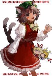 Rule 34 | 3girls, :d, :o, animal ears, b nosk101, blonde hair, blush stickers, brown eyes, brown hair, cat ears, cat tail, chen, closed mouth, copyright name, dress, earrings, fang, feet out of frame, gap (touhou), green headwear, hand up, hat, highres, jewelry, juliet sleeves, long sleeves, mob cap, multiple girls, multiple tails, nekomata, open mouth, paw pose, petticoat, puffy sleeves, purple eyes, red dress, red skirt, ribbon, short hair, skirt, smile, solo focus, tail, touhou, two tails, yakumo ran, yakumo yukari