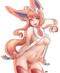 Rule 34 | 1girl, :d, animal ears, bad id, bad pixiv id, blue eyes, breasts, cowboy shot, creatures (company), drop shadow, fang, game freak, gen 6 pokemon, hair ornament, hair ribbon, highres, large breasts, looking at viewer, navel, nintendo, open mouth, orange hair, personification, pokemon, red thighhighs, revealing clothes, ribbon, short hair with long locks, sidelocks, smile, solo, stomach, sylveon, tail, tasselcat, thighhighs, transparent background, white ribbon