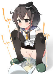 Rule 34 | 1girl, black eyes, black hair, black pantyhose, blue sailor collar, blush, clothes pull, female focus, full body, green footwear, heart, kantai collection, long sleeves, looking down, matching hair/eyes, minamimachi naname, neckerchief, pantyhose, pantyhose pull, peeing, pussy, sailor collar, shiny skin, shirt, short hair, simple background, slippers, solo, spread legs, squat toilet, squatting, text focus, toilet, toilet use, tokitsukaze (kancolle), translation request, uncensored, white background, white shirt, yellow neckerchief