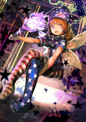Rule 34 | 1girl, absurdres, american flag dress, american flag legwear, blonde hair, clownpiece, fairy wings, fire, hat, highres, holding, jester cap, leggings, long hair, looking at viewer, open mouth, organ derwald, pantyhose, polka dot, red eyes, shirt, short sleeves, sitting, smile, solo, star (symbol), star print, striped clothes, striped pantyhose, torch, touhou, wings