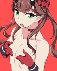 Rule 34 | 1girl, brown hair, c (control), choker, collarbone, covering nipples, covering privates, fang, flat chest, flower, frown, gloves, green eyes, hair flower, hair ornament, horns, kuro mushi, long hair, looking at viewer, mashu (control), nude, open mouth, pointy ears, red background, red choker, red flower, red gloves, skin fang, solo, twintails, upper body