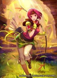 Rule 34 | 1girl, armlet, arrow (projectile), bow (weapon), breasts, brown footwear, commentary, company name, copyright name, day, elbow gloves, fire emblem, fire emblem: the sacred stones, fire emblem cipher, gloves, grass, hand on own chest, headband, holding, holding bow (weapon), holding weapon, konfuzikokon, looking at viewer, medium breasts, neimi (fire emblem), nintendo, official art, open mouth, outdoors, pants, pink eyes, pink hair, quiver, short hair, sleeveless, solo, sunlight, tears, weapon