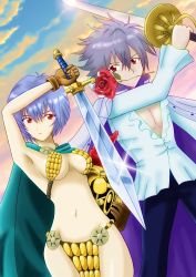 Rule 34 | 1boy, 1girl, armor, ayanami rei, bangs, bikini armor, blue eyes, breasts, cape, cleavage, crossover, day, evangelion: 3.0+1.0 thrice upon a time, flower, gloves, helmet, nagisa kaworu, navel, neon genesis evangelion, one piece, open clothes, open shirt, rebecca (one piece), rebuild of evangelion, red eyes, rose, shiny, short hair, sword, thighs, weapon, white hair