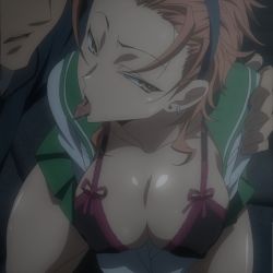 Rule 34 | 1boy, 1girl, bra, breasts, cleavage, earrings, hairband, highres, highschool of the dead, huge breasts, jewelry, lace, lace bra, open clothes, open mouth, open shirt, orange hair, purple bra, saliva, school uniform, screencap, serafuku, shirt, skirt, stitched, third-party edit, tongue, tongue out, tsunoda (highschool of the dead), underwear, yellow eyes, yuuki miku (highschool of the dead)