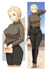 Rule 34 | 1girl, absurdres, bag, belt, black belt, black pants, blonde hair, blue sky, blurry, blurry background, brown eyes, brown footwear, casual, clear sky, closed mouth, commentary, cropped legs, day, depth of field, girls und panzer, grey sweater, hair pulled back, hair tie, hairband, hand in own hair, handbag, highres, holding, holding bag, jewelry, long hair, long sleeves, looking at viewer, multiple views, necklace, open mouth, outdoors, pants, ponytail, ribbed sweater, sasaki akebi, shoes, sky, smile, standing, sweater, thigh gap, turtleneck, twitter username, white hairband, yougata