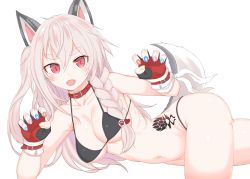 Rule 34 | 1girl, :d, animal ears, azur lane, bikini, black bikini, blue nails, blush, braid, breasts, claw pose, collar, commentary request, fangs, fingerless gloves, gloves, hair between eyes, highres, large breasts, light brown hair, long hair, makabe gorou, multicolored nails, nail polish, open mouth, orange nails, pink nails, red collar, red eyes, red gloves, side braid, simple background, smile, solo, swimsuit, tail, very long hair, white background, wolf ears, wolf girl, wolf tail, yellow nails, yuudachi (azur lane)