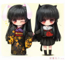 Rule 34 | +++, 1girl, ;), animal ears, arm at side, black footwear, black hair, black serafuku, black shirt, black skirt, black socks, blush, cat ears, cat tail, character name, chibi, closed mouth, enma ai, floral print, full body, gradient background, hime cut, japanese clothes, jigoku shoujo, kemonomimi mode, kimono, kneehighs, long hair, looking at viewer, midriff, misaki (kyal 001), multiple views, neckerchief, obi, one eye closed, outstretched arms, rabbit ears, red eyes, sash, school uniform, serafuku, shadow, shirt, shoes, skirt, sleeves past wrists, smile, socks, standing, tail, triangle mouth, very long hair