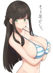 Rule 34 | 1girl, bikini, bikini top only, black hair, blush, breast hold, breasts, cleavage, closed mouth, grabbing, grabbing another&#039;s breast, grabbing own breast, green eyes, highres, large breasts, long hair, looking at viewer, mukuba, nervous, original, solo, striped bikini, striped bikini top, striped clothes, swimsuit