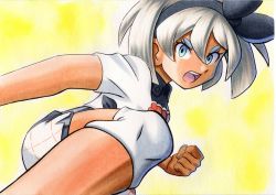 Rule 34 | 1girl, bea (pokemon), black bodysuit, black hairband, blue eyes, bodysuit, bodysuit under clothes, bow hairband, clenched hand, collared shirt, commentary request, creatures (company), dark-skinned female, dark skin, eyelashes, game freak, grey hair, hair between eyes, hairband, highres, knee pads, leg up, looking at viewer, nintendo, oka mochi, open mouth, pokemon, pokemon (anime), pokemon journeys, print shirt, print shorts, shirt, short hair, short sleeves, shorts, side slit, side slit shorts, solo, teeth, tongue, upper teeth only, yellow background