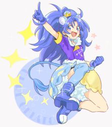 Rule 34 | 10s, 1girl, :d, animal ears, arm up, blue eyes, blue footwear, blue gloves, blue hair, blue neckwear, blue shirt, blue skirt, blue thighhighs, character name, choker, crown, cure gelato, earrings, extra ears, full body, gloves, jewelry, jiro (rakugakiokiba), kirakira precure a la mode, layered skirt, lion ears, lion tail, long hair, looking at viewer, mini crown, open mouth, petticoat, precure, shirt, shoes, single thighhigh, skirt, smile, solo, tail, tategami aoi, thighhighs, white background, yellow skirt