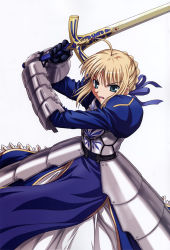 Rule 34 | 1girl, absurdres, ahoge, armor, artoria pendragon (fate), black gloves, blonde hair, blue dress, blue ribbon, blush, braid, breastplate, caliburn (fate), dress, fate/stay night, fate (series), french braid, gauntlets, gloves, green eyes, hair ribbon, highres, holding, holding sword, holding weapon, ishihara megumi, juliet sleeves, long sleeves, official art, open mouth, puffy sleeves, ribbon, saber (fate), simple background, solo, sword, weapon, white background