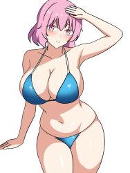 Rule 34 | 1girl, arm up, bikini, blue bikini, breasts, cleavage, closed mouth, commentary, ehehe52921343, highres, korean commentary, large breasts, looking at viewer, navel, pink eyes, pink hair, saigyouji yuyuko, short hair, simple background, smile, solo, swimsuit, touhou, white background
