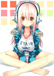 Rule 34 | 1girl, barefoot, breasts, headphones, impossible clothes, impossible shirt, indian style, jacket, large breasts, long hair, looking at viewer, nitroplus, pink hair, red eyes, reko (torinegi), shirt, sitting, solo, source request, super sonico, v arms, white background