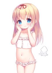 Rule 34 | 1girl, bare arms, bare shoulders, blonde hair, blue eyes, blush, chitosezaka suzu, closed mouth, collarbone, commentary request, cowboy shot, crop top, hair ribbon, hairband, hands on own cheeks, hands on own face, hands up, head tilt, long hair, navel, original, panties, red hairband, red ribbon, ribbon, simple background, solo, underwear, underwear only, wavy mouth, white background, white panties