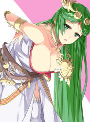 Rule 34 | 1girl, :o, ancient greek clothes, arched back, arm behind back, armlet, belt, breasts, chiton, cleavage, clip studio paint (medium), commentary, commentary request, dress, forehead jewel, green eyes, green hair, hand on back, hanging breasts, highres, jewelry, kid icarus, kid icarus uprising, large breasts, long hair, looking at viewer, multiple belts, neck ring, nintendo, pain, palutena, parted bangs, pendant, pink background, side slit, simple background, single thighhigh, solo, strapless, strapless dress, swept bangs, thighhighs, tiara, tomas (kaosu22), two-tone background, vambraces, very long hair, white background, white dress