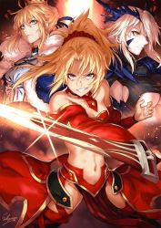 Rule 34 | 3girls, ahoge, armor, armored dress, artoria pendragon (all), artoria pendragon (fate), artoria pendragon (lancer) (fate), artoria pendragon (lancer alter) (fate), bare shoulders, blonde hair, braid, braided bun, breasts, cape, clarent (fate), cleavage, closed mouth, crown, crown braid, dark persona, detached collar, detached sleeves, dress, fate/grand order, fate (series), floating hair, french braid, fur trim, glint, green eyes, grin, hair between eyes, hair bun, hair ornament, hair ribbon, hair scrunchie, hand up, highres, holding, holding sword, holding weapon, horns, large breasts, light particles, long hair, looking at viewer, mordred (fate), mordred (fate/apocrypha), multiple girls, navel, open mouth, pelvic curtain, ponytail, red scrunchie, ribbon, saber (fate), sakiyamama, scrunchie, sidelocks, signature, smile, swept bangs, sword, thighhighs, underboob, waist cape, weapon, wind, wind lift, yellow eyes