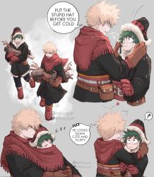 Rule 34 | 2boys, ?, adjusting another&#039;s clothes, artist name, athena av, bakugou katsuki, belt, black coat, black headwear, black pants, blonde hair, blush, boku no hero academia, breath, brown bag, brown belt, brown gloves, coat, commentary, english commentary, english text, eye contact, closed eyes, firewood, freckles, full body, fur-trimmed coat, fur-trimmed headwear, fur trim, gloves, green eyes, green hair, grey background, hat, heart, highres, holding, instagram logo, instagram username, log, looking at another, male focus, midoriya izuku, multiple boys, multiple views, official alternate costume, open mouth, pants, profanity, red eyes, red gloves, red scarf, scarf, shared clothes, shared scarf, short hair, simple background, sleeping, smile, speech bubble, spiked hair, spoken question mark, standing, talking, teeth, thought bubble, twitter logo, twitter username, walking, watermark, yaoi, zzz