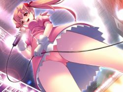 Rule 34 | 1girl, blush, breasts, brown hair, dress, from below, game cg, gloves, hair ribbon, hitozuma net auction, holding, idol, lens flare, long hair, makami aya, medium breasts, microphone, mikazuki akira!, music, open mouth, panties, pantyshot, pink dress, puffy sleeves, red eyes, red ribbon, ribbon, short sleeves, singing, smile, solo, stage, stage lights, teeth, twintails, underwear, upskirt, white gloves