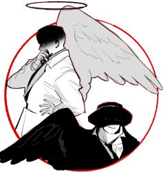 Rule 34 | 2boys, angel, angel wings, black coat, black eyes, black halo, black headwear, black necktie, black wings, claws, coat, collared coat, collared shirt, colored extremities, colored skin, empty eyes, feathered wings, grey wings, halo, hand on own face, hand on own hip, hands up, highres, korean commentary, long sleeves, looking at viewer, male focus, multiple boys, necktie, original, sasi mozzi1, shaded face, shirt, short hair, simple background, solo, upper body, very short hair, white background, white coat, white shirt, white skin, wings