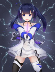 Rule 34 | 1girl, :d, ahoge, asymmetrical legwear, black choker, black hair, black panties, black thighhighs, blue eyes, blush, choker, collarbone, commentary request, dress, gloves, glowing, glowing weapon, gluteal fold, gradient hair, grey background, hair ornament, highres, holding, holding weapon, honkai (series), honkai impact 3rd, jacket, lightning, long hair, long sleeves, looking at viewer, mctom, mismatched legwear, multicolored hair, off shoulder, open clothes, open jacket, open mouth, panties, purple hair, raiden mei, raiden mei (striker fulminata), sheath, sidelocks, smile, solo, thighhighs, twintails, underwear, unsheathed, v-shaped eyebrows, weapon, white dress, white gloves, white jacket
