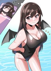 Rule 34 | 1girl, absurdres, black hair, breasts, cowboy shot, demon wings, dreaming, highres, large breasts, long hair, looking at viewer, nya (73809635), ocean, one-piece swimsuit, original, sleeveless, solo, swimsuit, thigh gap, thighs, wings, zzz