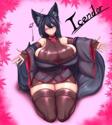 Rule 34 | 1girl, absurdres, animal ears, bare shoulders, black hair, blue eyes, borrowed character, breasts, curvy, fox ears, fox tail, full body, highres, huge breasts, icendor2000, japanese clothes, kimono, kiri (sub-res), lap pillow invitation, long hair, looking at viewer, one eye closed, original, self-upload, sideboob, sitting, smile, solo, tail, thick thighs, thighhighs, thighs, wide hips