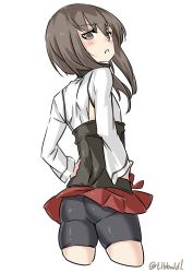 Rule 34 | 10s, 1girl, ass, back, bad id, bad twitter id, bike shorts under skirt, blush, brown eyes, brown hair, cowboy shot, cropped legs, ebifurya, eyebrows, female focus, from behind, hands on own hips, highres, inactive account, kantai collection, long sleeves, looking at viewer, looking back, open mouth, pleated skirt, red skirt, short hair with long locks, shorts, shorts under skirt, sidelocks, simple background, skirt, solo, taihou (kancolle), twitter username, white background