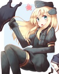 Rule 34 | 10s, 1girl, blonde hair, blue eyes, blush, cropped jacket, garrison cap, hat, highres, kantai collection, kapatarou, long hair, long sleeves, looking at viewer, military, military uniform, open mouth, pantyhose, puffy long sleeves, puffy sleeves, school swimsuit, solo, swimsuit, swimsuit under clothes, thighhighs, u-511 (kancolle), underwater, uniform
