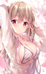 Rule 34 | 1girl, absurdres, arm up, bikini, blurry, braid, breasts, brown hair, buttons, cleavage, collarbone, collared shirt, commentary request, depth of field, hair ribbon, hand up, highres, large breasts, long hair, long sleeves, looking at viewer, maeda shiori, neck ribbon, open clothes, open shirt, original, petals, pink ribbon, red eyes, ribbon, shirt, smile, solo, sousouman, string bikini, swimsuit, upper body, white bikini, white shirt