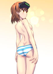 Rule 34 | 1girl, arms at sides, ass, back, blurry, blush, bokeh, breasts, brown eyes, brown hair, butt crack, closed mouth, cowboy shot, depth of field, eyebrows, gradient background, head-mounted display, lens flare, looking away, misaka imouto, panties, raika9, short hair, small breasts, solo, striped clothes, striped panties, toaru kagaku no railgun, toaru majutsu no index, topless, underwear, underwear only, yellow background