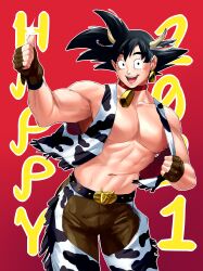 Rule 34 | 1boy, 2021, abs, animal ears, animal print, bara, bare pectorals, black hair, brown gloves, brown pants, carless (ppanic), chinese zodiac, cow boy, cow ears, cow horns, cow print, dragon ball, dragonball z, gloves, happy new year, highres, horns, large pectorals, male focus, muscular, muscular male, navel, new year, nipples, open clothes, open mouth, open vest, pants, pectorals, short hair, smile, solo, son goku, spiked hair, thumbs up, vest, year of the ox