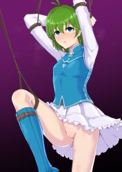 Rule 34 | 1girl, absurdres, bdsm, belt, black background, blue eyes, blue thighhighs, blush, bondage, bound, cameltoe, censored, clothes lift, commission, crying, crying with eyes open, fire emblem, fire emblem: the blazing blade, gradient background, green hair, hairband, highres, honma0220, long sleeves, md5 mismatch, microskirt, miniskirt, nino (fire emblem), nintendo, no panties, pixiv commission, purple background, purple hairband, pussy, restrained, shirt, short hair, skirt, skirt lift, solo, sweat, tears, thighhighs, underwear, vest, white shirt, white skirt