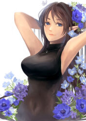 Rule 34 | 1girl, armpits, arms behind head, arms up, black dress, blue eyes, blue flower, breasts, brown hair, closed mouth, commentary request, dress, earrings, flower, gobaku no hito, jewelry, large breasts, long hair, looking at viewer, original, pointy ears, purple flower, sidelocks, sleeveless, sleeveless dress, smile, solo, stud earrings, upper body, white background